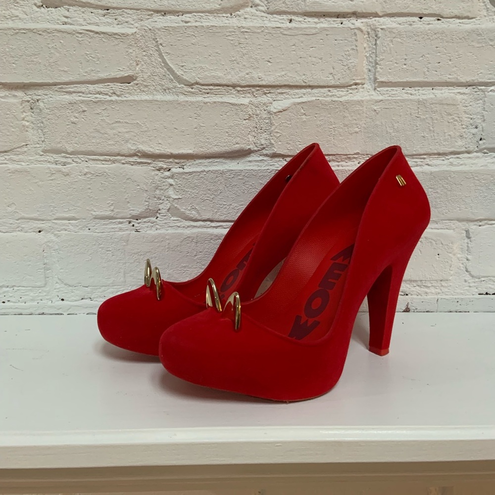 Melissa Meow Red Heels with Gold Kitty cat ears accents.